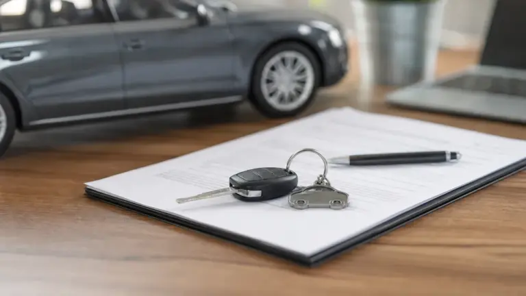 Sortir d'une LOA avec contrat et clés sur un bureau